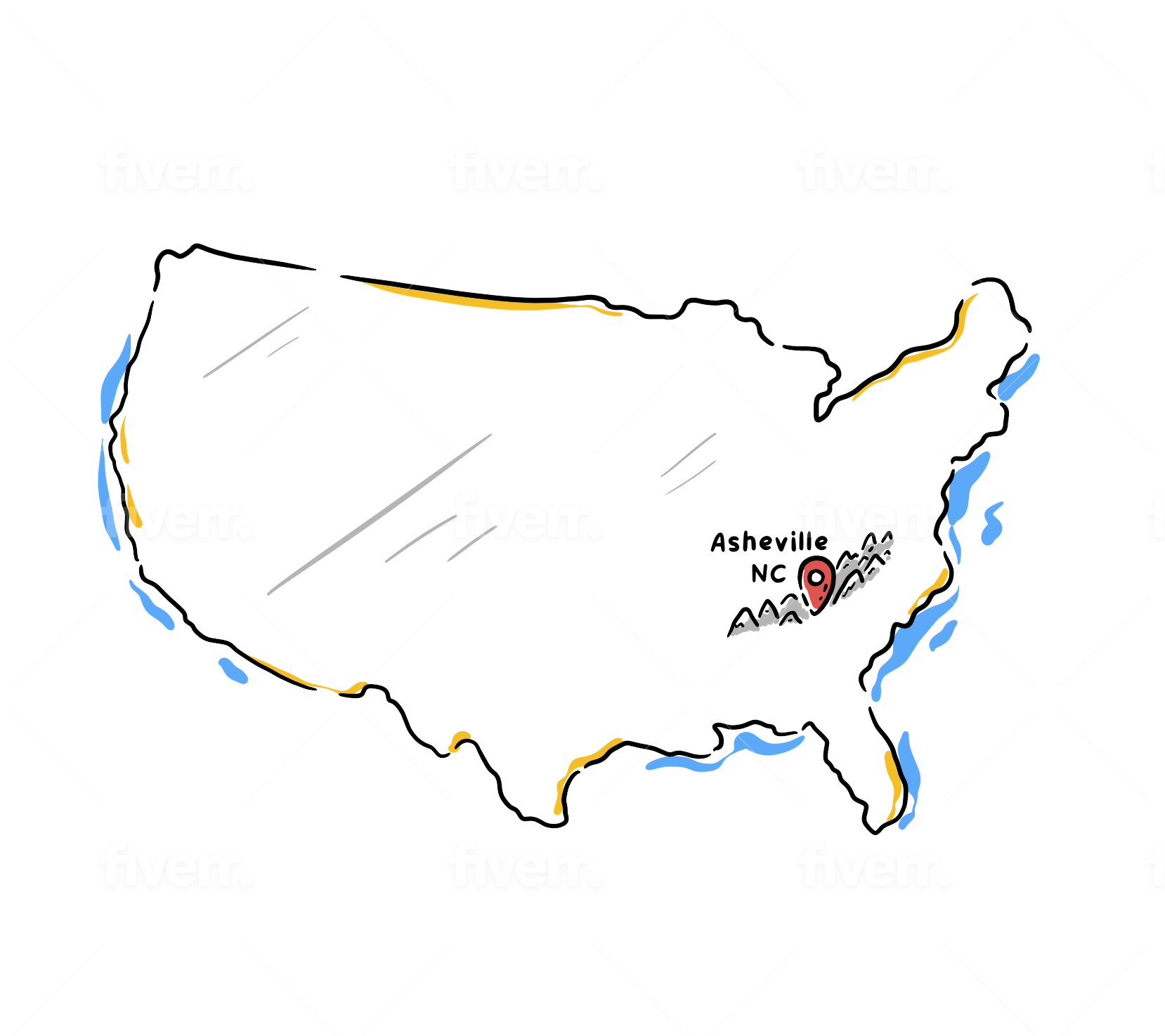 Map of the U.S. pinpointing Asheville, NC in the Blue Ridge Mountains